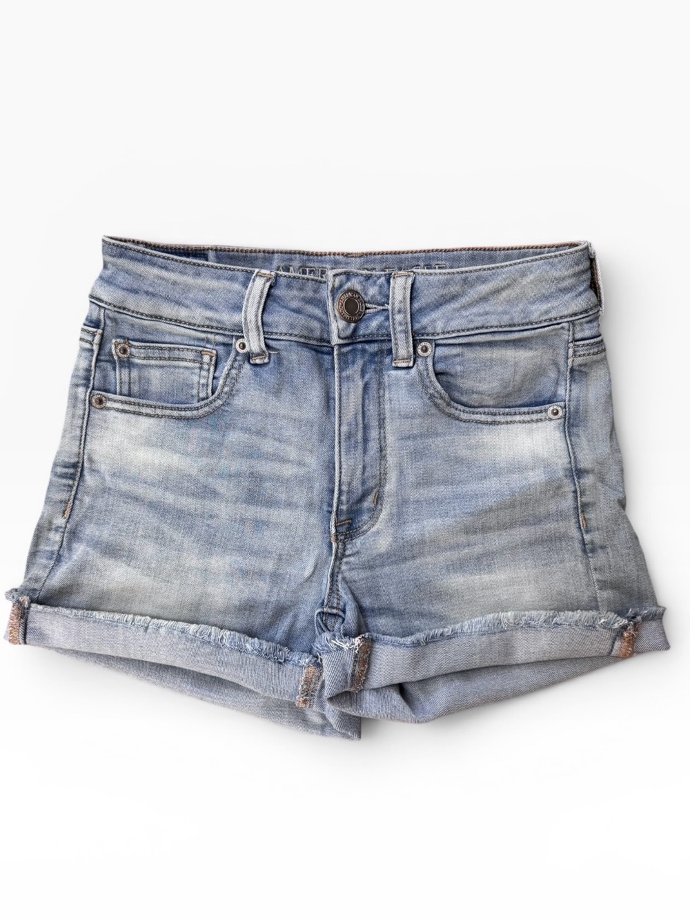 American Eagle Hi-Rise Shortie Light Wash Denim Shorts Size 2 Cuffed